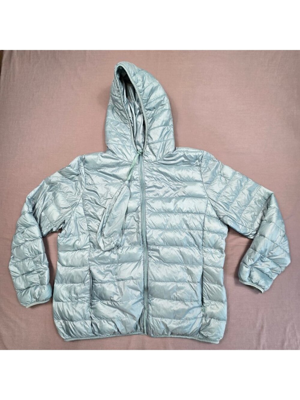Womens Puffer Jacket Large Hooded Lightweight Blue Quilted Packable Down